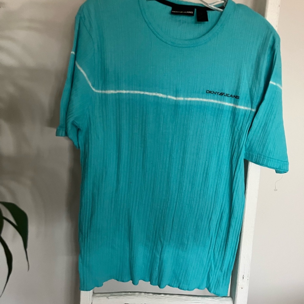 Men’s DKNY Jeans Turquoise Short-Sleeve Crew Tee with White Stripe